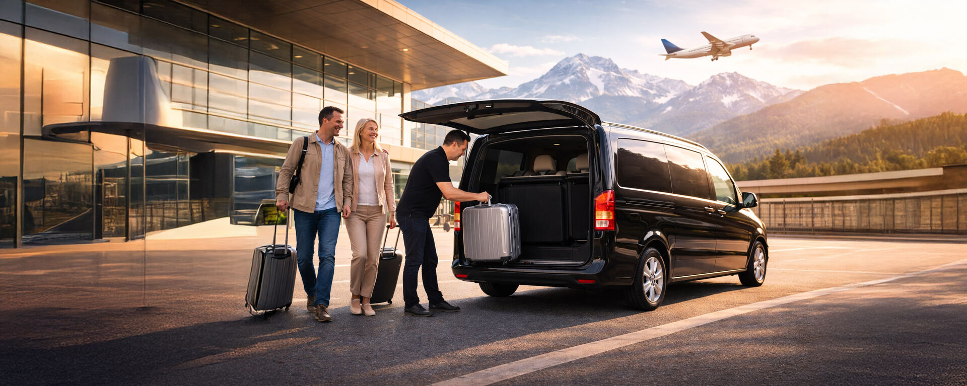 Flughafentransfer von Taxi-Busreisen Schreder – Fahrer lädt Gepäck vor Flughafengebäude